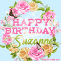 A charming animated GIF featuring 'Happy Birthday Suzanne' in pink and green text, surrounded by delicate roses, leaves, and fluttering butterflies on a soft light blue pastel background.