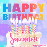 A vibrant animated name GIF with the words 'Happy Birthday Suzanne' with colorful candles on a creamy cake. The background sparkles with pastel shades, adding a festive touch.
