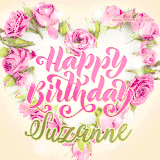 A stunning heart made of pink roses surrounds the elegant script text 'Happy Birthday Suzanne' on a soft beige background. Animated sparkles add a magical and festive feel.