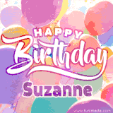 A vibrant name GIF featuring colorful balloons in shades of pink, orange, and yellow with the bold text 'Happy Birthday Suzanne' in festive fonts, creating a lively birthday vibe.