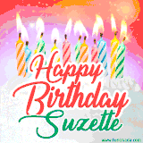 Bright birthday candles with rainbow flames on a cake, alongside the text 'Happy Birthday Suzette' in vibrant script in this celebratory animated GIF.