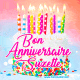 A white birthday cake covered in colorful sprinkles, topped with bright candles, and French text 'Bon Anniversaire Suzette' on a pastel gradient background in an animated GIF.