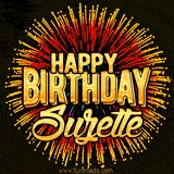 Golden 'Happy Birthday Suzette' text accompanied by animated rainbow fireworks for a festive animated greeting.
