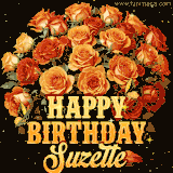Animated bouquet of orange roses with moving butterfles and golden 'Happy Birthday Suzette' text, surrounded by sparkling accents and a dark backdrop for a luxurious feel.