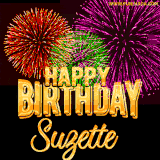 A golden 'Happy Birthday Suzette' message with vibrant fireworks in the background, creating a festive and celebratory vibe in this animated name GIF.
