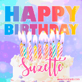A vibrant animated name GIF with the words 'Happy Birthday Suzette' with colorful candles on a creamy cake. The background sparkles with pastel shades, adding a festive touch.
