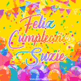 A bright and festive GIF with the text 'Feliz Cumpleaños Suzie' in Spanish in colorful fonts, surrounded by confetti, balloons, and festive banners on a vibrant yellow background.