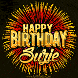 Golden 'Happy Birthday Suzie' text accompanied by animated rainbow fireworks for a festive animated greeting.