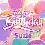 A vibrant name GIF featuring colorful balloons in shades of pink, orange, and yellow with the bold text 'Happy Birthday Suzie' in festive fonts, creating a lively birthday vibe.