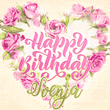 A stunning heart made of pink roses surrounds the elegant script text 'Happy Birthday Svenja' on a soft beige background. Animated sparkles add a magical and festive feel.