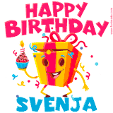 A vibrant and funny gift box character with a happy face dancing with a cupcake and the text 'Happy Birthday Svenja,' surrounded by animated confetti and party vibes.