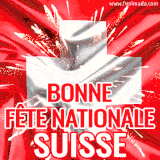 GIF animé montrant une croix blanche centrale sur un drapeau rouge en mouvement, avec un feu d’artifice lumineux et le texte 'Bonne Fête Nationale Suisse'.