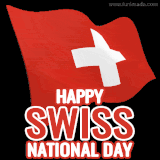 Animated red Swiss flag with white cross waving on a black background, with the message 'Happy Swiss National Day' in bold white and red letters.