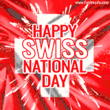 Shimmering red satin Swiss flag with white cross and celebratory animated text 'Happy Swiss National Day' bursting from the center with spark effects.