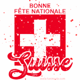 Animation rouge avec une grande croix blanche au centre, des étoiles rouges qui tombent et l’inscription 'Bonne Fête Nationale Suisse' en lettres blanches.