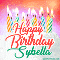 Happy Birthday GIF for Sybella with Birthday Cake and Lit Candles