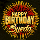 Golden 'Happy Birthday Syeda' text accompanied by animated rainbow fireworks for a festive animated greeting.
