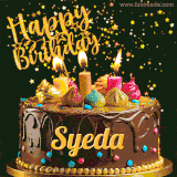 A delightful chocolate birthday cake with bright candles and 'Happy Birthday Syeda' written in gold amidst a shower of animated stars.