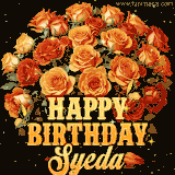 Animated bouquet of orange roses with moving butterfles and golden 'Happy Birthday Syeda' text, surrounded by sparkling accents and a dark backdrop for a luxurious feel.