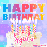 A vibrant animated name GIF with the words 'Happy Birthday Syeda' with colorful candles on a creamy cake. The background sparkles with pastel shades, adding a festive touch.