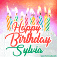 Happy Birthday GIF for Sylvia with Birthday Cake and Lit Candles