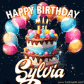 Hand-drawn happy birthday cake adorned with an arch of colorful balloons - name GIF for Sylvia