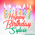 Happy Birthday GIF for Sylvie with Birthday Cake and Lit Candles