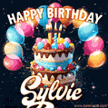 Hand-drawn happy birthday cake adorned with an arch of colorful balloons - name GIF for Sylvie