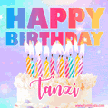 Animated Happy Birthday Cake with Name Tanzi and Burning Candles