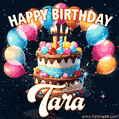 Hand-drawn happy birthday cake adorned with an arch of colorful balloons - name GIF for Tara