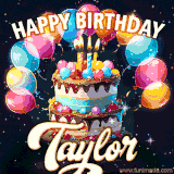 Bright birthday animation for Taylor with a chocolate cake, candles, balloons, and glowing celebratory lights.