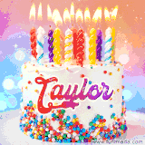 A cheerful white birthday cake with multicolor sprinkles, lit candles, and 'Taylor' written in vibrant letters, in an animated GIF.