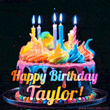 A mesmerizing animated cake with multicolor frosting and candles, and the words 'Happy Birthday Taylor' on the black background.