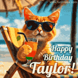 An animated orange cat wearing sunglasses, sitting on a beach chair with a tropical drink, with a festive 'Happy Birthday Taylor!' message.