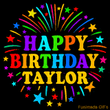 Personalized greeting card with name, colorful text that says 'Happy Birthday Taylor' surrounded by animated fireworks and multicolor stars