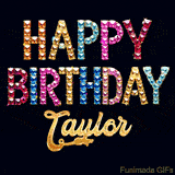 Vibrant luxury birthday greeting card for Taylor, showing glittering gemstone letters and golden calligraphy on a dark background with twinkling shine effects.