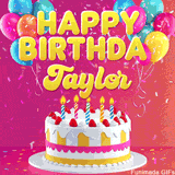 Pink-themed animated greeting with balloons, confetti, and a frosted cake under the message 'Happy Birthday Taylor' in bold rounded yellow font.