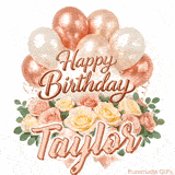 Classy Happy Birthday Taylor looping GIF with pastel balloons and greenery