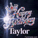 Shimmering animated card with a detailed silver crown and sparkling diamond-encrusted letters for Taylor's celebration.