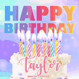 A vibrant animated name GIF with the words 'Happy Birthday Taylor' with colorful candles on a creamy cake. The background sparkles with pastel shades, adding a festive touch.