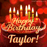 Animated GIF with colorful, festive 'Happy Birthday Taylor' text decorated with patterns, a party hat, and falling confetti. A vibrant and cheerful design for birthday celebrations.