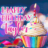 A festive animated GIF featuring a colorful cupcake with a single lit candle, sprinkles, and 'Happy Birthday Taylor' text against a sparkling, celebratory background.
