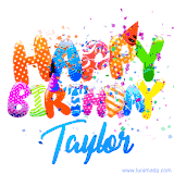 Animated GIF with colorful, festive 'Happy Birthday Taylor' text decorated with patterns, a party hat, and falling confetti. A vibrant and cheerful design for birthday celebrations.