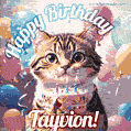 Happy birthday gif for Tayvion with cat and cake