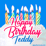A cheerful animated GIF featuring colorful lit birthday candles on a white cake, with the text 'Happy Birthday Teddy' in bold red and blue script on a bright blue background.