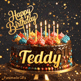 A customized birthday ecard for Teddy displaying a rich chocolate cake with a sparkly dark background.
