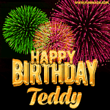 A captivating GIF with bursts of green, pink, and orange fireworks lighting up the night sky, accompanied by 'Happy Birthday Teddy' in glowing golden text.
