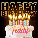 A vibrant animated GIF featuring a delicious birthday cake topped with glowing candles and the name 'Teddy' in elegant script, and the words 'Happy Birthday' on the black background.
