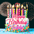 Amazing Animated GIF Image for Teddy with Birthday Cake and Fireworks