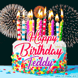 A lively happy birthday animated GIF showcasing a colorful birthday cake covered in sprinkles, topped with glowing candles, and surrounded by vibrant fireworks. The name 'Teddy' is featured in elegant script.